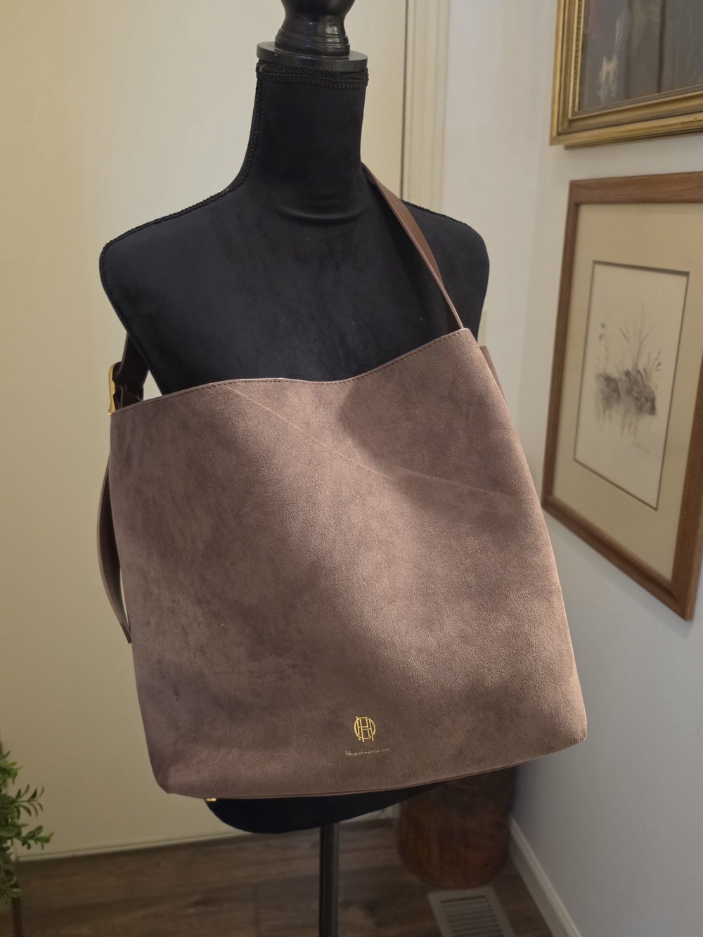 Suede Shoulder Tote with Gold Logo - Dusty Mauve